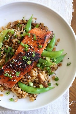 Asian Farro Medley with Salmon is made with shiitake mushrooms, snap peas, ginger, garlic and spices. Not only is this dish absolutely delicious, it's also high in protein, omega-3's and is ready in about 30 minutes.