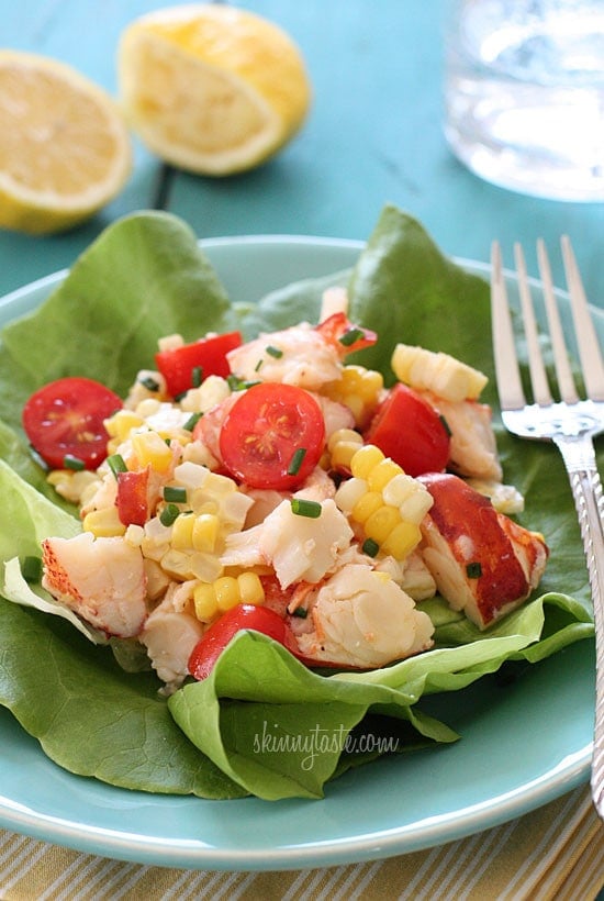 Chilled Lobster Salad with Sweet Summer Corn and Tomatoes, the perfect light summer salad made with sweet summer corn, grape tomatoes, garden herbs and chilled steamed lobster.
