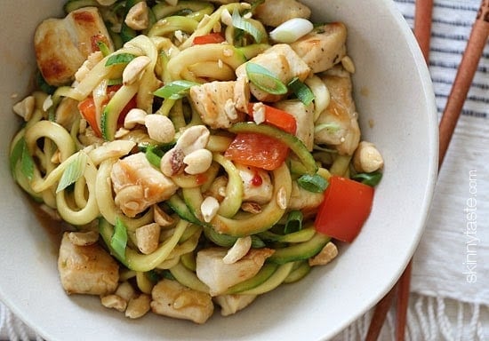 Kung Pao Chicken Zoodles For Two – I swapped the noodles with zucchini noodles and the results were fantastic!! (under 300 calories).