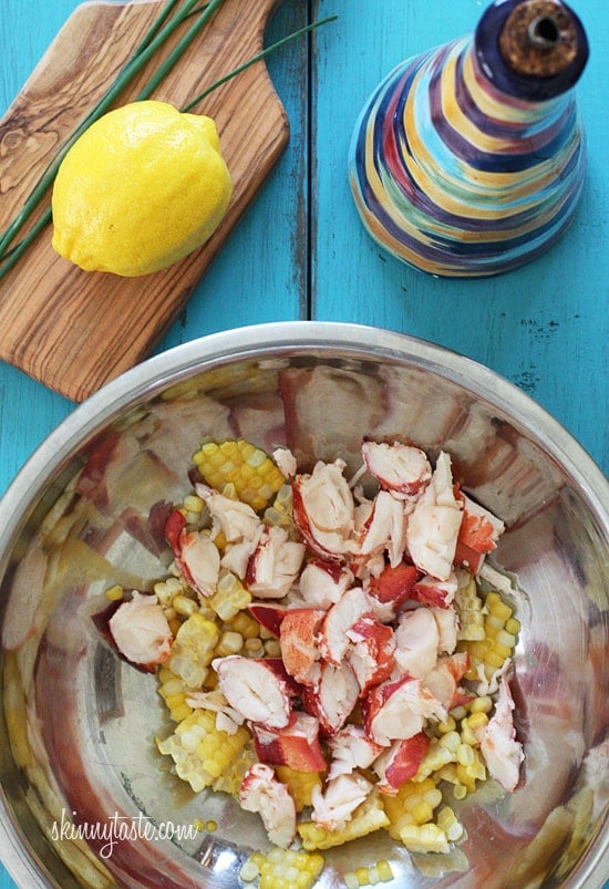 Chilled Lobster Salad with Sweet Summer Corn and Tomatoes, the perfect light summer salad made with sweet summer corn, grape tomatoes, garden herbs and chilled steamed lobster.