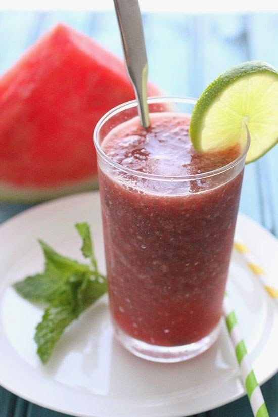 Chia Watermelon Fresca is a refreshing summer beverage made with watermelon and chia seeds.