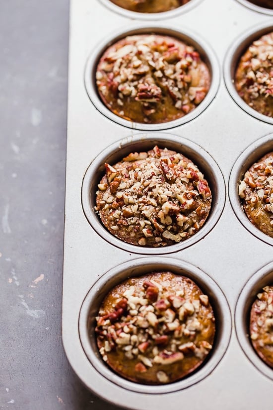 Moist and delicious Maple Pecan Banana Muffins, so good you won't believe they are light!
