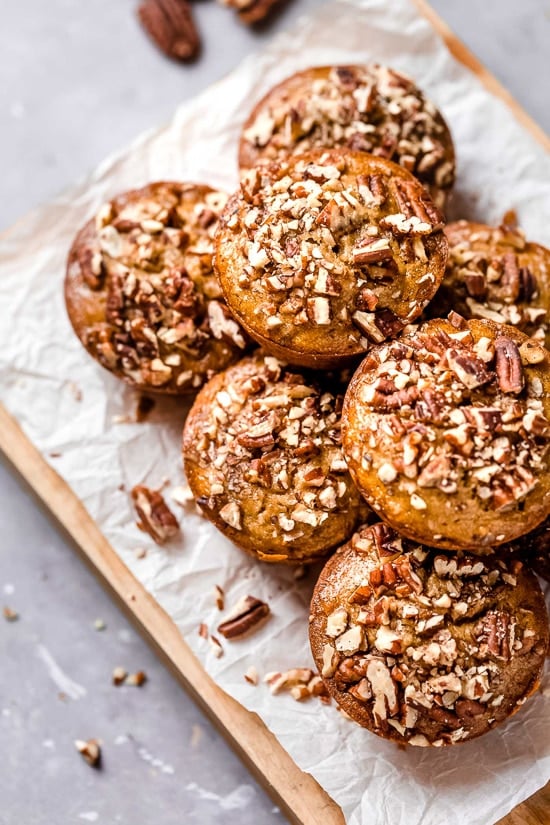 Moist and delicious Maple Pecan Banana Muffins, so good you won't believe they are light!