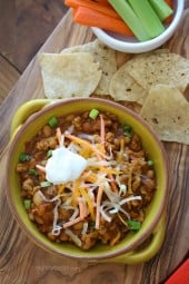 This is chili with a buffalo chicken twist! So easy to make and SOOOO good – perfect for game watching or any night of the week!