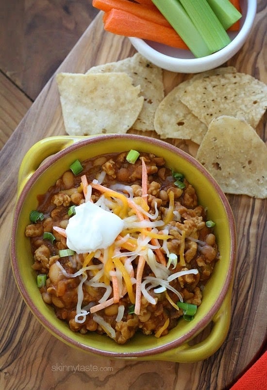 This is chili with a buffalo chicken twist! So easy to make and SOOOO good – perfect for game watching or any night of the week!