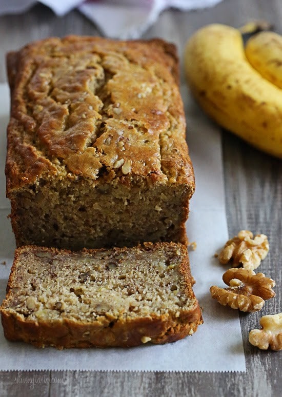 Delicious, low-fat, gluten-free banana nut bread made two-ways! So moist and delicious, you can't tell it's light. My family went bananas for this!!