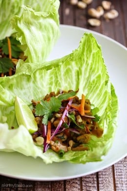Not your ordinary tacos – these Thai chicken lettuce tacos are spicy and exotic, made with my light peanut sauce which I make with PB2 (powdered peanut butter) sriracha, ginger and spices. To balance out the spice, I chose to serve these in crisp cool lettuce wraps but tortillas would work great too!