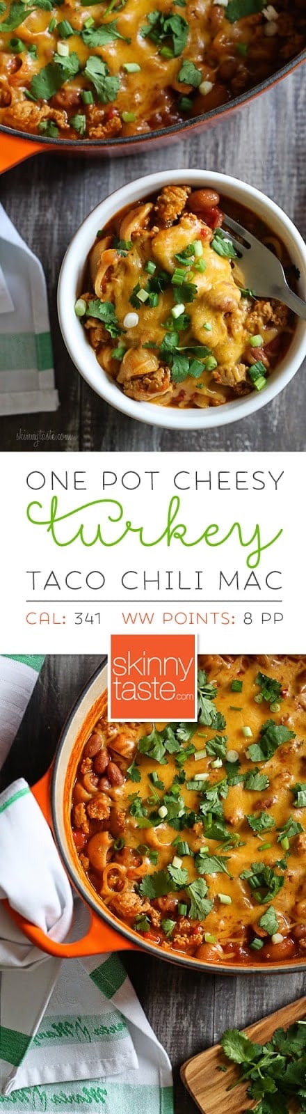 One Pot Cheesy Turkey Taco Chili Mac – pure comfort food, packed with protein & fiber all in one pot!