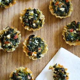 These bite-sized spinach pies are a fun twist on one of my favorite Greek dishes, Spanakopita. These are great appetizers for the Holidays, football games, or anytime you get together with friends and family.