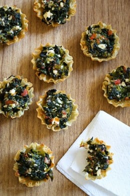 These bite-sized spinach pies are a fun twist on one of my favorite Greek dishes, Spanakopita. These are great appetizers for the Holidays, football games, or anytime you get together with friends and family.