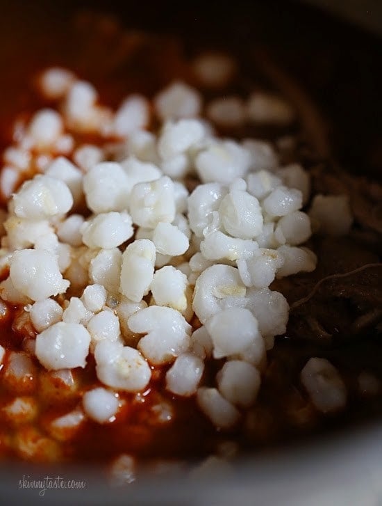 Hominy added to pozole in the Instant Pot
