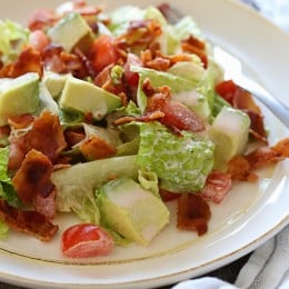 BLT Salad with Avocado is my low-carb solution to the classic sandwich! Made with center cut bacon, lettuce, tomatoes and avocado in a light dressing.