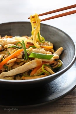 Chicken Zoodle "Lo Mein" For Two, a low-carb lo mein dish made with zucchini noodles in place of pasta.