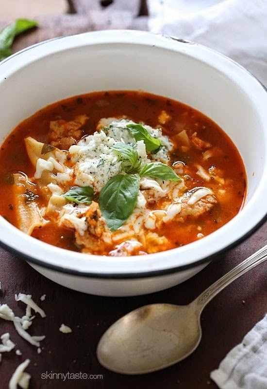 Everything you love about lasagna – all in one bowl of soup! Loaded with chicken sausage, lasagna noodles, marinara and cheese. It's easy, filling, hearty and perfect for a cold winter night.