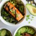 These Asian Salmon Bowls are my new addiction!! Served over brown rice and topped with cucumbers, avocado and sprouts and drizzled with a soy-wasabi vinaigrette – SO good!