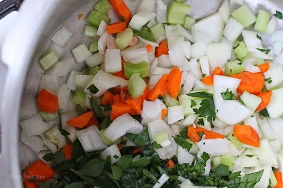 Diced carrots, celery, and onion in the Instant Pot