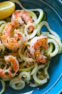 Shrimp Scampi Zoodles for Two, a delicious garlic shrimp and lemon dish over zucchini noodles is an EASY low-carb dish that takes less than 20 minutes! It's also gluten-free, paleo, Whole30 and keto!