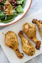 Easy weeknight dinner solution – grab some chicken, remove the skin, brush it with this Dijon-lime sauce and put it in the oven. You can make this with thighs or even breast if you prefer!