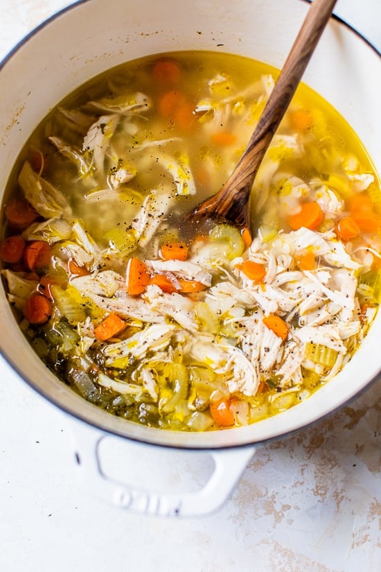 Chicken Barley Soup in a pot.