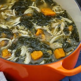 This hearty soup – loaded with chicken, kale, sweet potatoes and veggies, will warm your bones on this cold winter we are having! And the leftovers are perfect for heating up for lunch the next day and can also be frozen for another night.