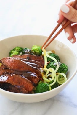 Marinated sirloin steak with broccoli and spiralized broccoli noodles in a delicious hoisin sauce. This dish is out-of-this-world good, and so filling I couldn't even finish it! You NEED this in your life!