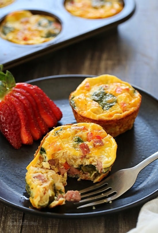 These petite crustless quiches are SO good, loaded with turkey kielbasa, veggies and cheese. A perfect make-ahead breakfast for meal prep and naturally gluten free!