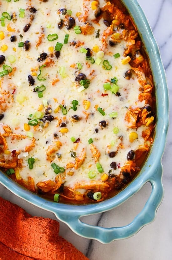 This Mexican inspired casserole is made with spiralized sweet potatoes, shredded chicken, black beans and corn in a delicious guajillo pepper sauce topped with melted Pepper Jack cheese – SO good with generous portions.
