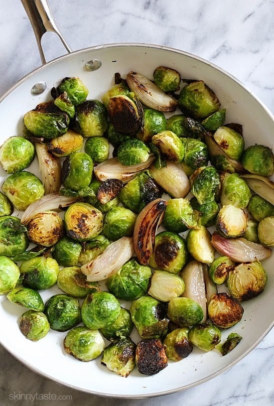 These pan roasted brussels sprouts and shallots are perfectly charred, and finished with a sweet balsamic glaze.