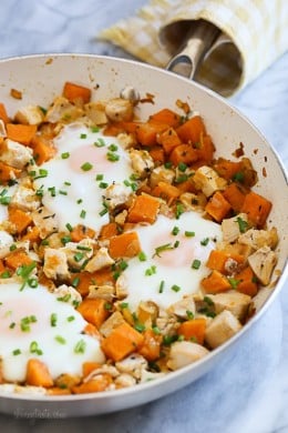 If you want a substantial breakfast, Sunday brunch or even lunch this is a great tasting dish! The sweet potatoes are savory, sauteed with onions and thyme and tossed with leftover diced chicken with eggs. Perfect for Sunday brunch or a light dinner.