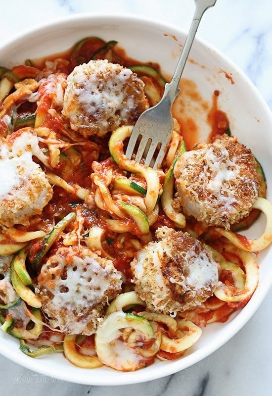 Baked Shrimp Parmesan over Zucchini Noodles – an easy, light and delicious shrimp dish made in under 30 minutes!