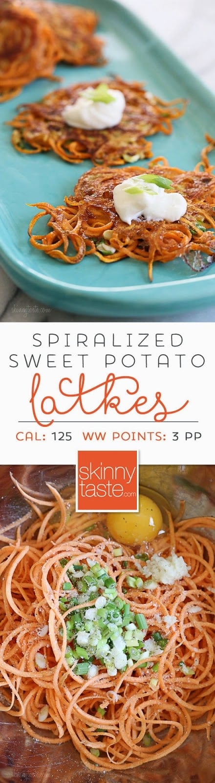 Spiralized Sweet Potato Latkes – an easier, healthier, sweet potato pancake.
