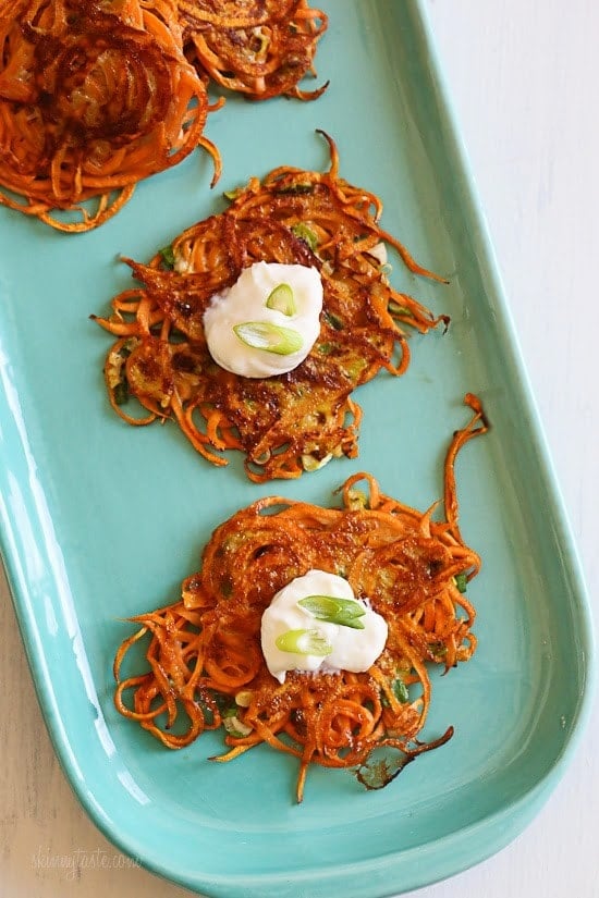 Spiralized Sweet Potato Latkes - a healthier sweet potato pancake!