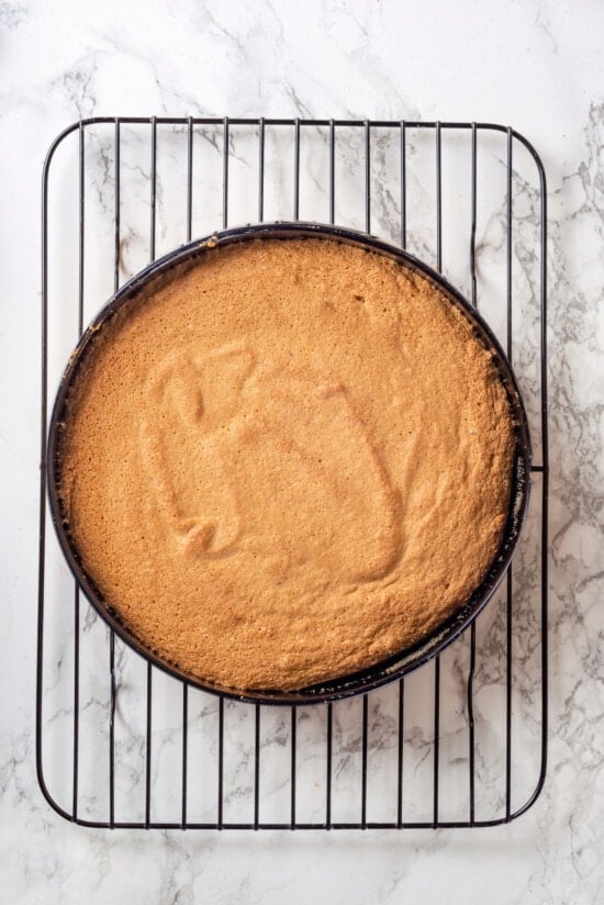 Overhead view of baked almond cake in pan