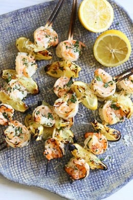 Grilled Shrimp Scampi Skewers – lemon, garlic, parmesan and parsley are the perfect combination for these delicious skewers!