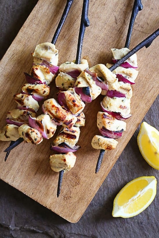 Here's an easy chicken dinner idea – cut up some boneless chicken breast, whip up this easy lemon Dijon marinade and leave this in the fridge overnight (or you can freeze them to use another day) then put them on a skewer and grill them for a quick weeknight dinner.