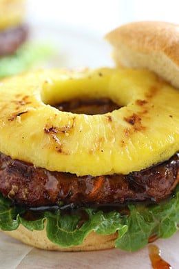 This easy Hawaiian teriyaki burger is made with lean ground beef, carrots, scallions and topped with grilled pineapple and a homemade pineapple teriyaki sauce.