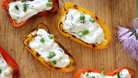 These mini peppers are grilled until slightly charred and filled with an herb cream cheese. A great appetizer to make for the summer!