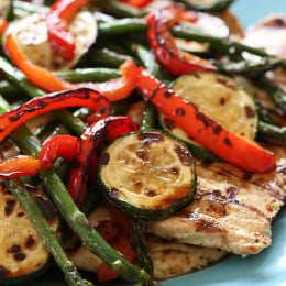 Grilled chicken breast, zucchini, red peppers and asparagus topped with a honey balsamic dressing – this is SO good, I know you'll be making this all summer and nothing beats an easy summer dish made entirely on the grill so you don't have to heat up your kitchen!