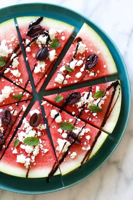 This savory Watermelon "Pizza" with Feta and Balsamic is delicious, refreshing and makes a fun summer salad or side dish with anything you're grilling!