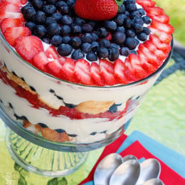 A heavenly mixed berry trifle made with summer fresh blueberries, strawberries, white chocolate pudding, angle foods cake and whipped cream.