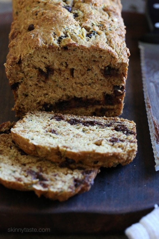 This super moist Chocolate Chip Zucchini Bread is loaded with chocolate chips in every bite. Made healthier with a whole wheat flour blend and lots of apple sauce in place of butter for results that are moist and delicious, without a ton of fat.