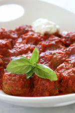 These meatless meatballs were a HUGE hit in my house, I even let my neighbors and friends try and everyone loved them! Made with grated zucchini, garlic, Pecorino Romano, basil, bread crumbs and egg, then baked in the oven and finished in a pomodoro sauce.