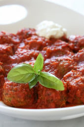 These meatless meatballs were a HUGE hit in my house, I even let my neighbors and friends try and everyone loved them! Made with grated zucchini, garlic, Pecorino Romano, basil, bread crumbs and egg, then baked in the oven and finished in a pomodoro sauce.