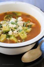 Tender-crisp veggie noodles make a wonderful low-carb pasta replacement in this delicious, Latin inspired Chipotle Chicken Zucchini "fideo" soup combined with bright fresh cilantro, creamy avocado and some crumbled queso fresco on top.