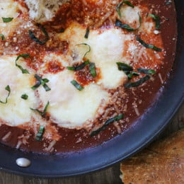 When you poach eggs in a flavorful tomato sauce and top them with fresh grated Parmigiano-Reggiano and Pecorino Romano cheese, you'll think you're having the best tasting raviolis ever! Get a crusty whole grain baguette and you have yourself a meal, perfect for brunch, lunch or dinner!