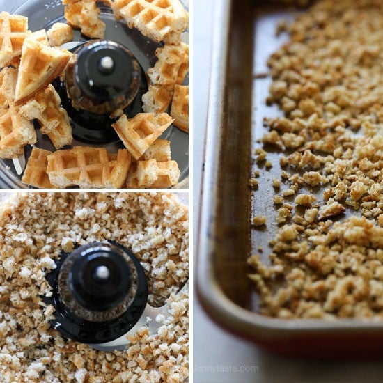 Waffles placed in food processor and baked into crumbs.