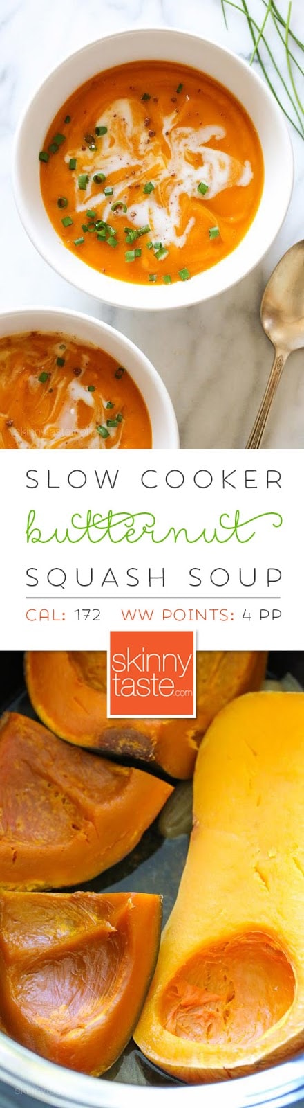 Slow Cooker Blissful Butternut Squash Soup – an EASY crock pot recipe with very little prep and only 6 ingredients!