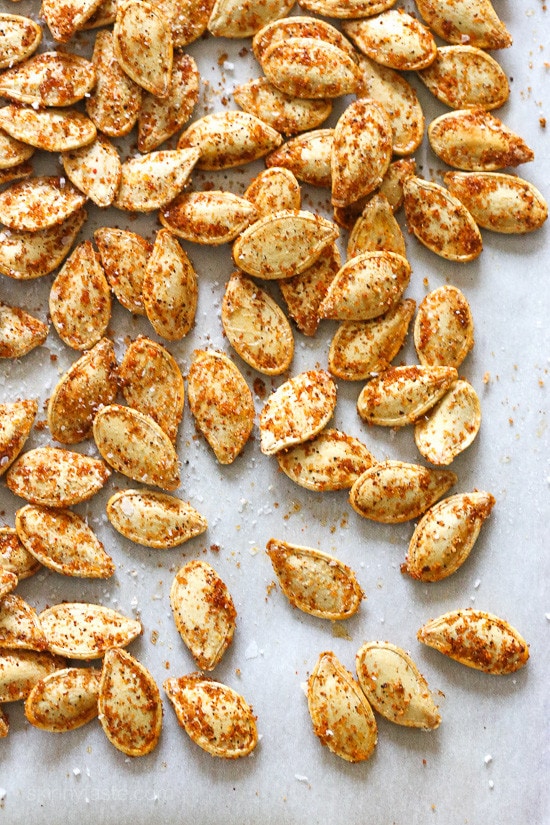 Smoky BBQ Spiced Pumpkin Seeds, a fun twist on roasted pumpkin seeds that are healthy to snack on, or use them as a salad topper.