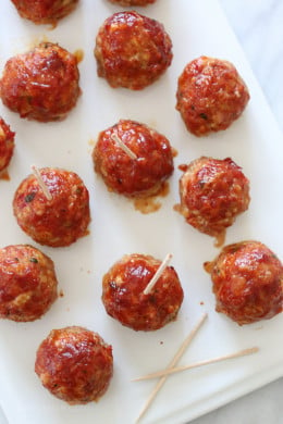 These sweet and spicy meatballs are made with ground turkey, cherry peppers and bacon (because who doesn't love bacon!) Topped with a BBQ glaze, they are perfect for weekend gatherings, football appetizers or anytime you want finger foods.