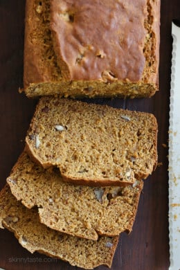 So moist and flavorful, this bread is made light by replacing butter with lots of bananas, pumpkin and apple sauce.